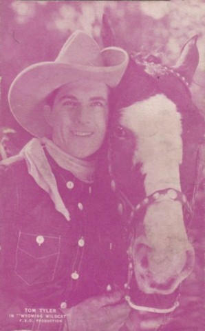 Tom Tyler with horse in The Wyoming Wildcat magenta postcard